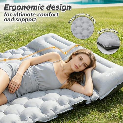 HiiPeak Double Sleeping Pad for Camping with Gray Suede Top, Built-in Foot Pump, 76x48x3in Portable 2-Person