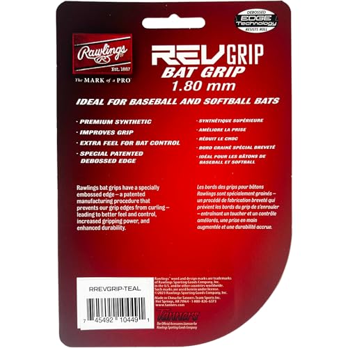 Rawlings 1.80mm Bat Grip for Baseball & Softball - Teal & Red, Standard Thickness