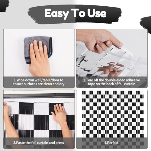 Black and White Checkered Tinsel Backdrop Curtains - 3 Pack