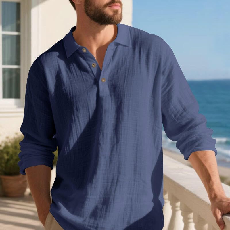 Skiennix Casual Linen Blend Shirt - Men's Long Sleeve Solid White for Spring & Autumn Wear