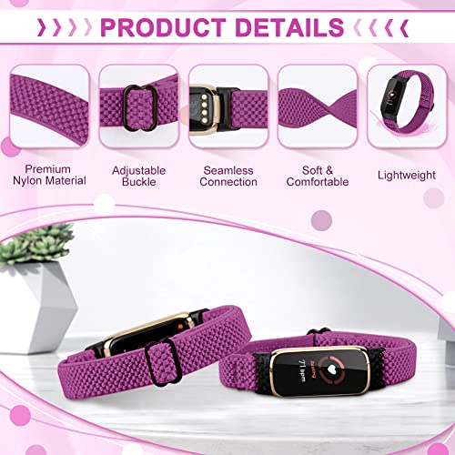 4 Pack Elastic Fitbit Luxe Replacement Bands - Black, Beige, Indigo, Purple - Adjustable Nylon Sport Straps for Women & Men