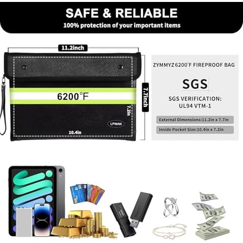 Upgraded Insulated Fire Proof Money Bag for Cash,6200¢µ Fireproof&Waterproof Document Pouch with Water Resistant Zipper,Fireproof Envelopes for Important Documents,Valuables£¨Not Suitable for A4 Files£©
