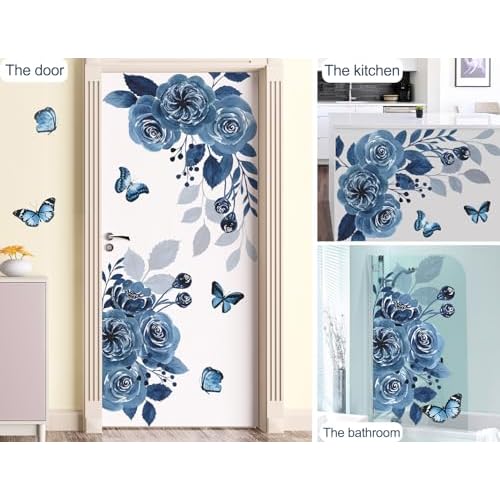 Flower Wall Decals - Blue Peony, Butterfly Rose, Floral Peel and Stick Removable Vinyl Decor for Girls Bedroom, Living Room, Kids Room