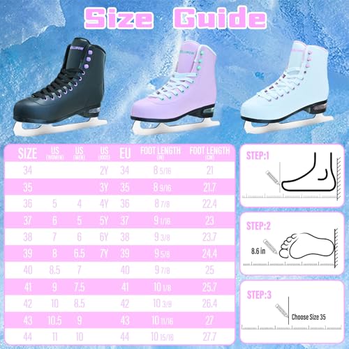 WELLWON Women's Ice Skates with Air Cushion, Classic White Figure Skating Shoes Size 5-10.5, Indoor & Outdoor Use