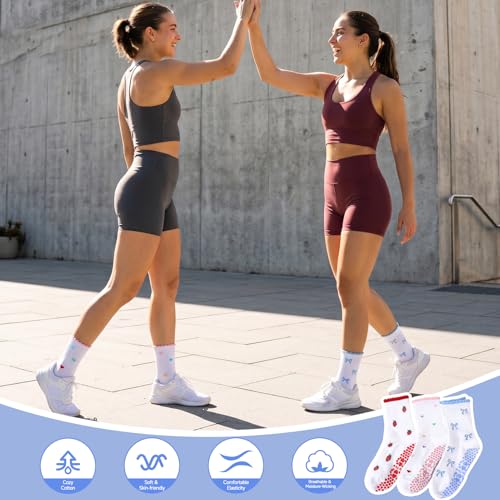 Women’s Pilates Socks with Grips - Cotton Ruffle Crew Socks - Pastel Berry Bow