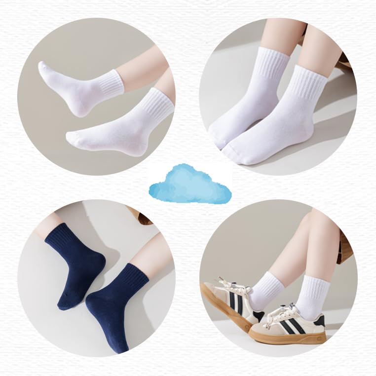Kids Cotton Crew Socks with Retro Stripes - White, 4 Pairs for Ages 8-11