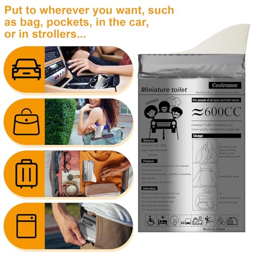 Coolrunner Gray Disposable Urine Bags 50 Pack - Unisex Travel & Emergency Pee Bags