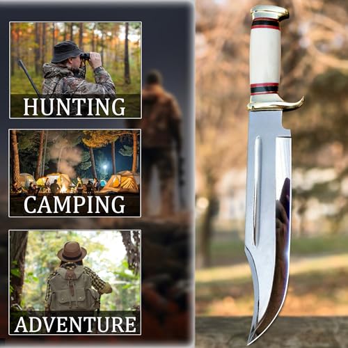 RISING CRAFTS Bone Crocodile Dundee Bowie Knife 14-inch Mirror Polished Hunting & Survival Knife with Leather Sheath – Outdoor Tactical Gift for Men