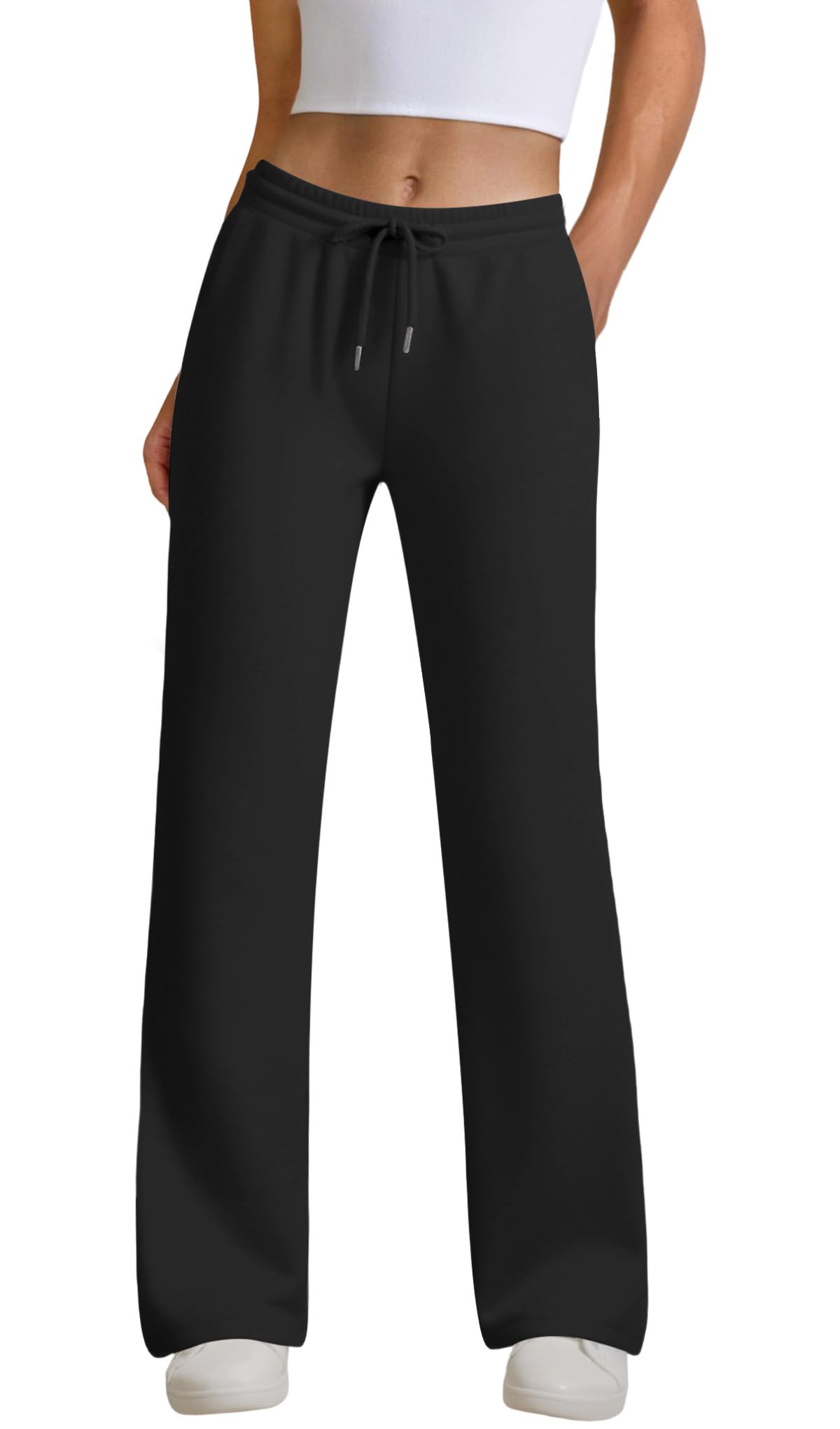 JEKAOYI Womens Drawstring Sweatpants, High Waisted Lightweight Lounge Straight Leg Casual Pants with Pockets Black