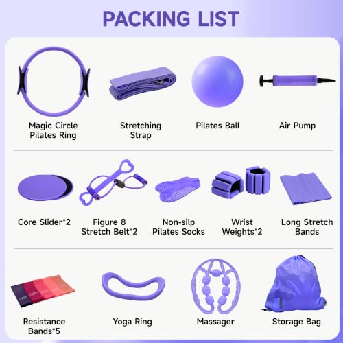 Pilates Equipment Kit for Home Workouts - 21 Pcs Set, Purple
