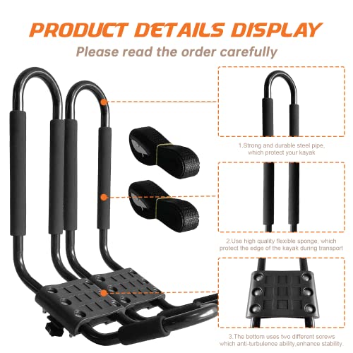 J-Bar Kayak Roof Rack - 2 Pair Heavy Duty Carrier with Ropes