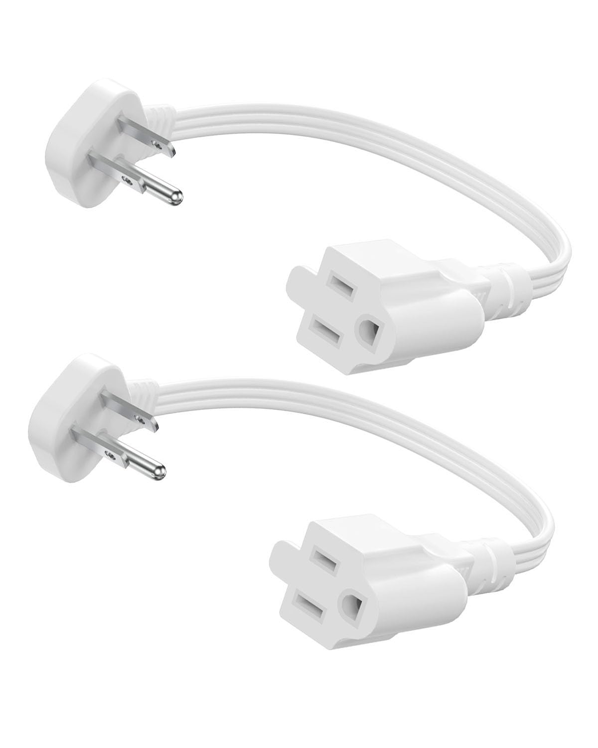 Flat Plug Short Extension Cord 1Ft White Low Profile Adapter 3 Prong Indoor Small Grounded Power Cable Outlet Saver 16AWG 13A 1625W 2 Pack