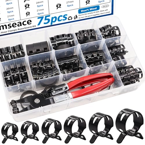 smseace 75Pcs Spring Band Hose Clamp 19 21 23 24 25 26 27 28 30 32 34 36 38mm Constant Tension Hose Clamp With Plier used for Fuel Line£¬Vacuum Hose£¬Air Hose Spring Hose Clamp Kit