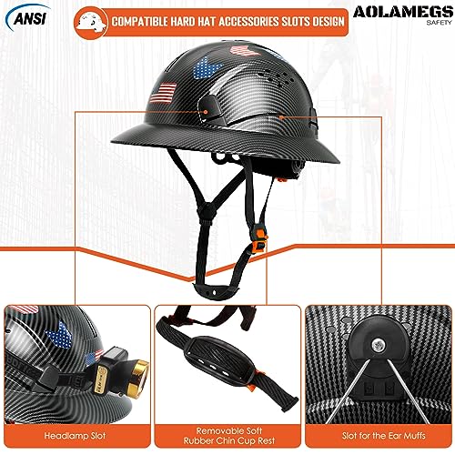 Carbon Fiber Pattern Full Brim Hard Hat with Visor-OSHA Approved Construction Safety Helmet for Men Women,ANSI Z89.1 Vented Reflective Hardhat with Hard Hat Chin Strap,6-Point Suspension