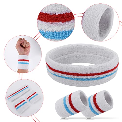 Striped Sweatband Set - Headband & 2 Wristbands - White Red White Blue