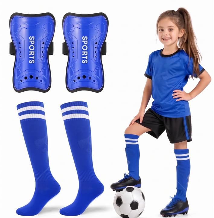 Kids Soccer Shin Guards with Socks Set - Blue, Large (10-15 Years)