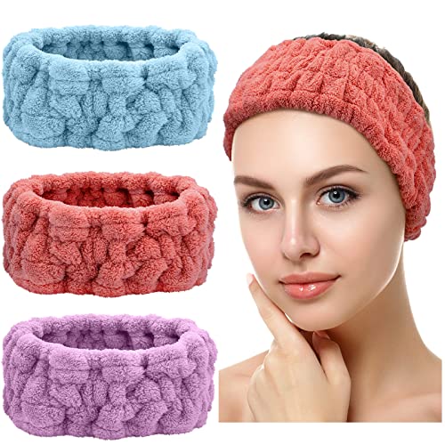 3 Pcs Facial Makeup Headband Set - Red, Blue, Purple