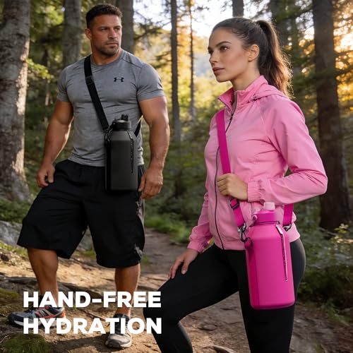 Midnight POWCAN 64oz Insulated Water Bottle with Straw & Spout Leakproof Lid & Shoulder Strap