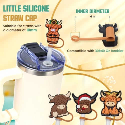 Highland Cow Straw Topper Set - 4 Silicone Covers & Keychain