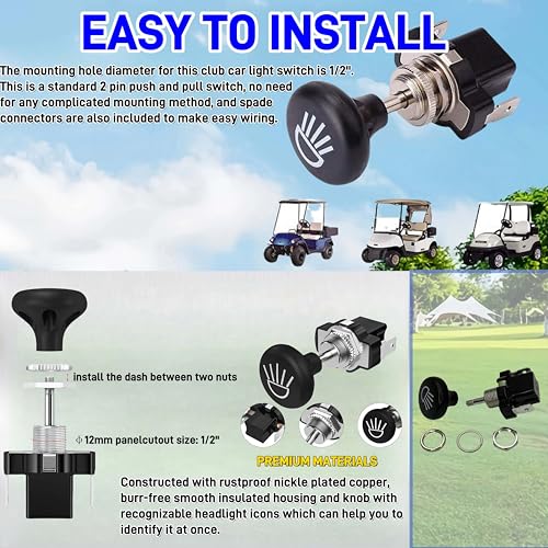 Black Universal Push-Pull Golf Cart Light Switch for EZGO, Club Car, Yamaha