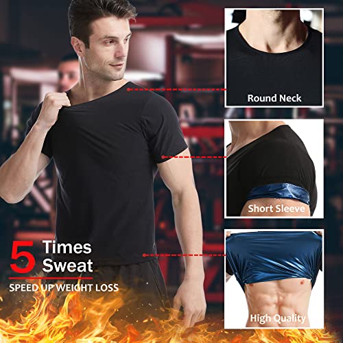 Everfion Sauna Shirt for Men Short Sleeve Compression Body Shaper Gym Top - Black-Blue, XL