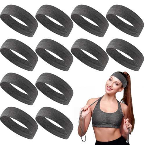 12 Pack Elastic Sport Headbands for Women - Dark Gray Sweatbands