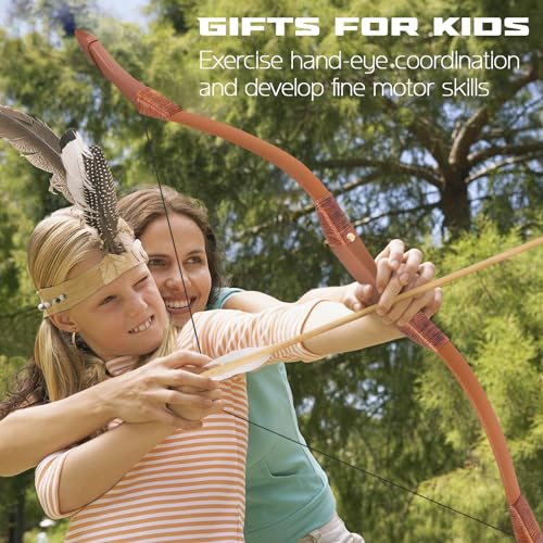 Basbon Brown Wooden Bow and Arrow Set for Kids - 40 Inch Handmade Archery Toy with 5 Feather Arrows, Cosplay & Gifts