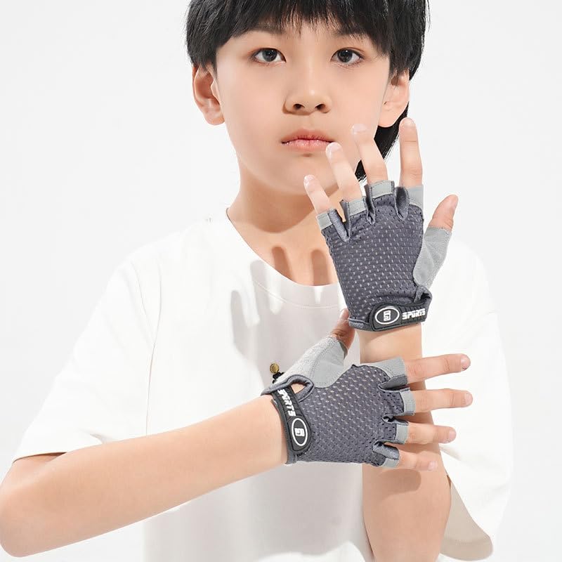 Kids Cycling Gloves - Breathable Half Finger Bike Gloves - Grey, Medium