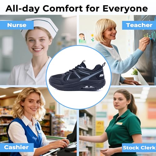 GyeBea Women's Wide Fit Walking Shoes for Plantar Fasciitis, Arch Support Sneakers Black/Grey 9W