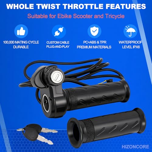 Hizoncore Left & Right Upgraded Full Twist Throttle for E-Bikes & Scooters, Plug & Play 12V-72V with Key Lock