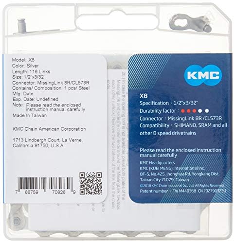 KMC X8 8-Speed Bicycle Chain Silver 116 Links High-Performance Drivetrain
