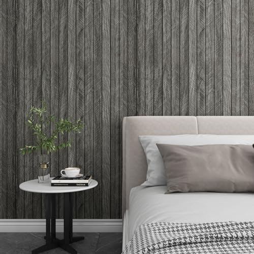 LaCheery Fluted Slat Wood Wall Panels Peel and Stick Black Gray Herringbone Wooden Panels for Interior Wall Decor 3d Flexible Self Adhesive Foam PVC Panel Roll Bedroom Bathroom Walls Covering 11.8x79"