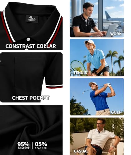 ZITY Men's XX-Large Black Polo Shirt with Pocket – Moisture-Wicking Collared Golf & Casual Top