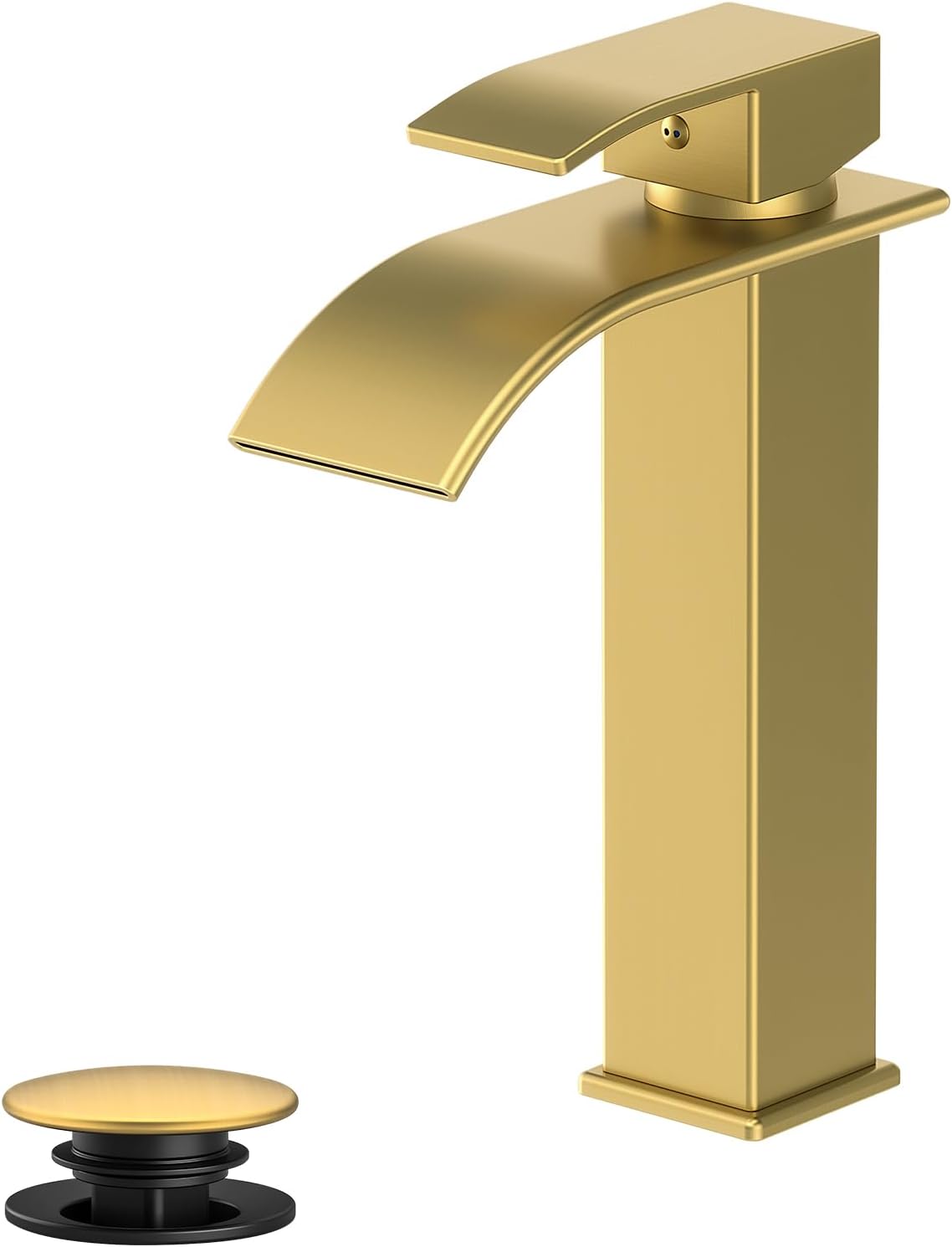 Modern Brushed Gold Bathroom Faucet with Waterfall Spout & Pop-Up Drain - Single Handle Vanity Sink Faucet