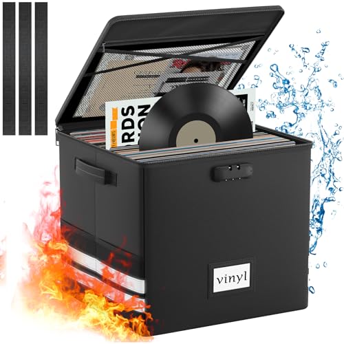Large Vinyl Record Storage Box with Lock, Fireproof Waterproof Resistant Organizer for 150+ 12 inch Records, Collapsible Storage Box with Handles for Album Collection - Black