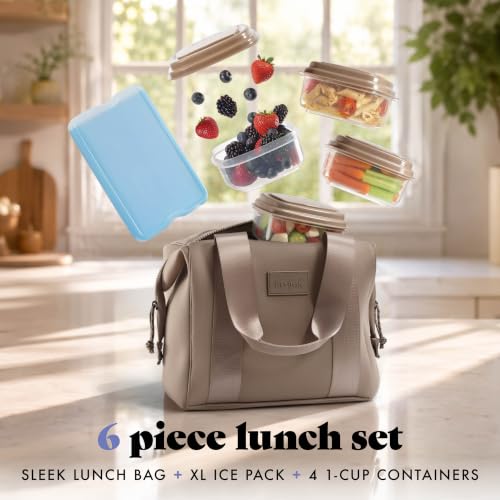 Fit & Fresh Remi Neoprene Lunch Bag for Women - Taupe, Includes Ice Pack & Containers