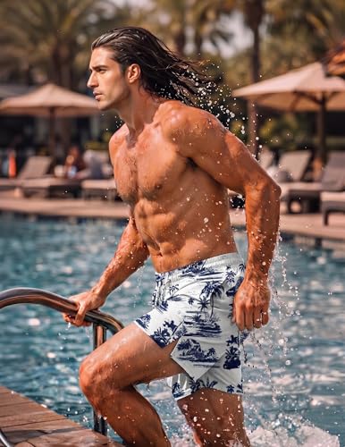 COOFANDY Men's Navy Blue Coconut Tree Swim Trunk with Compression Liner 2-in-1 Quick Dry Bathing Suit Large