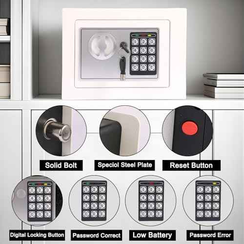 Mini Electronic Safe Box with Digital Keypad & Keys, Small Safe Deposit Boxes with Coin Slot, Safety Boxes for Home Office Dorm, Drop-resistant & Durable, For Cash, Jewelry (White)