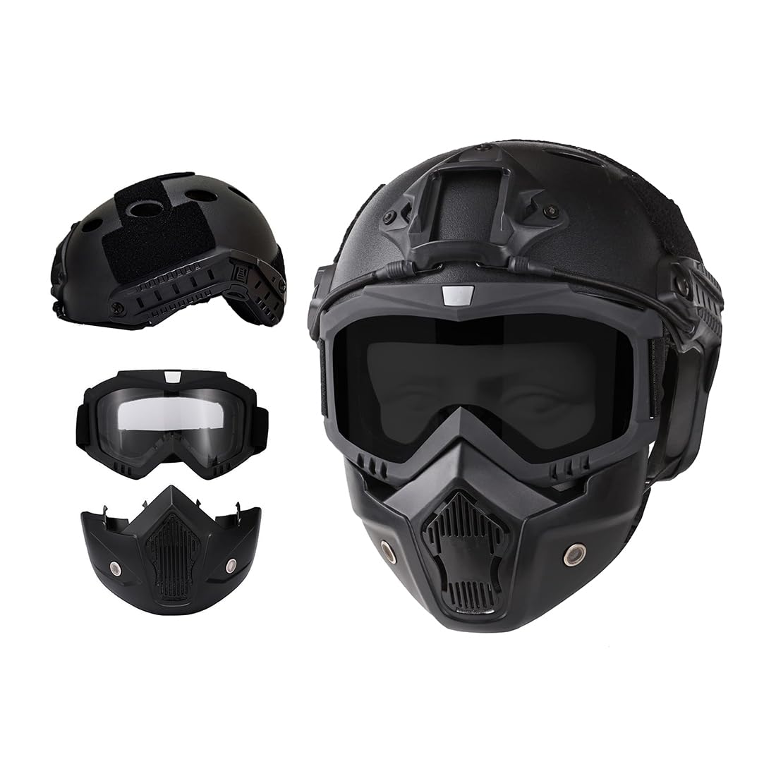 Airsoft Helmet and Mask with Goggles, Airsoft Full Face Mask, with NVG Mount and Side Rail,Tactical Airsoft Gear PJ Style Helmet（Black）