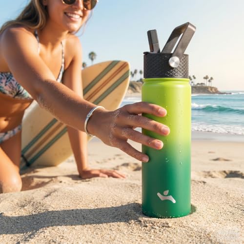 Konokyo 32 oz Macaron Green Insulated Stainless Steel Water Bottle with Straw Lid