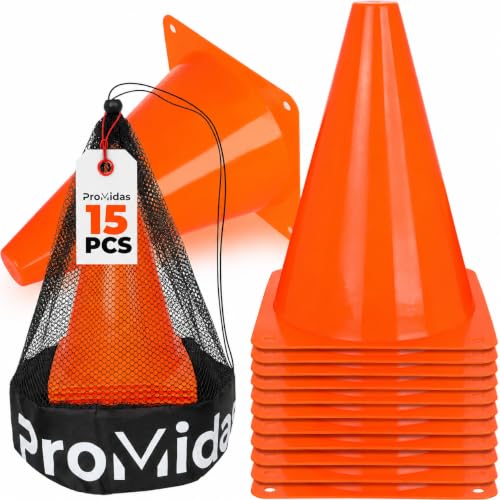 7 Inch Soccer Training Cones - 15 Pack Orange with Mesh Bag