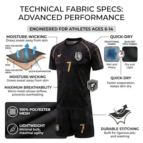Kids Soccer Jersey Uniform Set 4pcs for Boys 7-8 Years, Black - Youth Football Gear