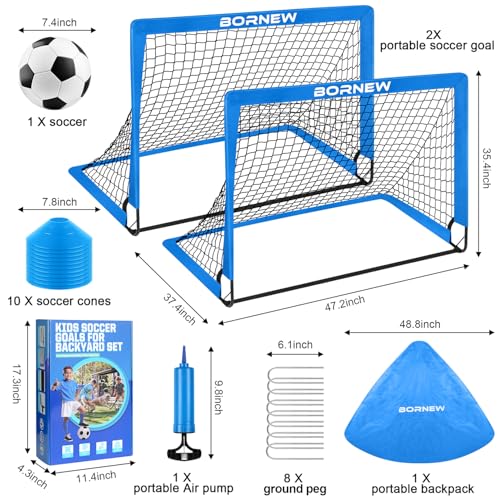 Kids Soccer Goal Set - Portable 6' x 4' & 4' x 3' Nets - Blue