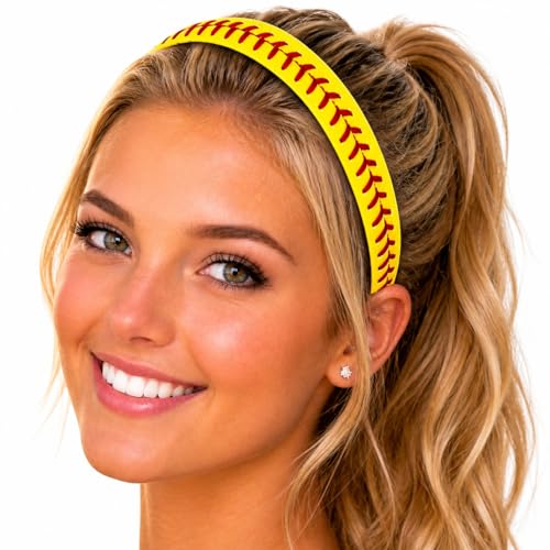 No Slip Softball Headband for Girls - Yellow with Red Stitching