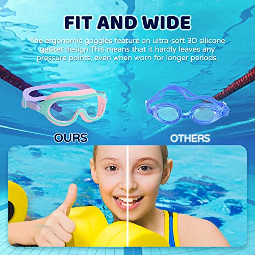 COPOZZ Kids Swim Goggles A4 Green Pink Wide View No Leak Anti-Fog UV Youth Swim Goggles