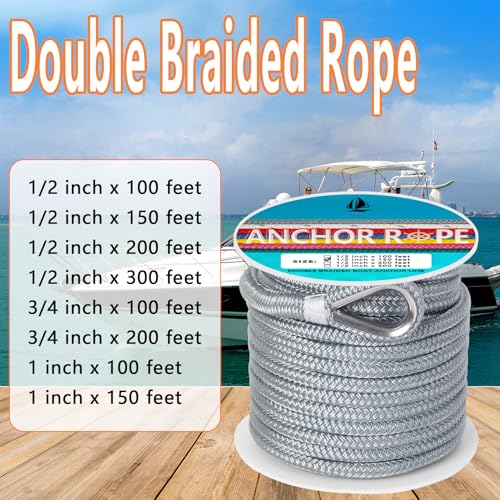 DEDU Gray 1/2 Inch x 150 FT Double Braided Marine Anchor Rope with Stainless Steel Thimble & Shackle - Ideal for Towing & Mooring, Boats Up to 35'