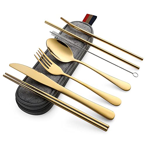 Gold Camping Utensils Set - Full-Size Travel Silverware Kit