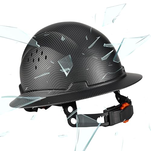 COOLJOB Full Brim Hard Hat, Vented Construction Safety Helmet OSHA Approved, 6-Point Ratchet Suspension, Carbon Fiber Pattern Design