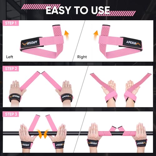 Weight Lifting Straps with Silicone Grip - Padded Wrist Support - Pink