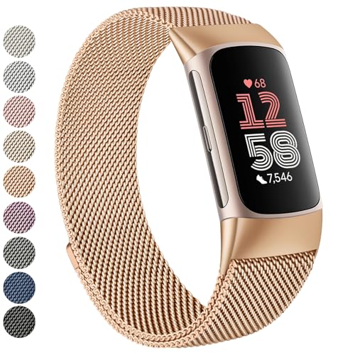 Vanjua Rose Gold Stainless Steel Mesh Loop Replacement Strap for Fitbit Charge 6